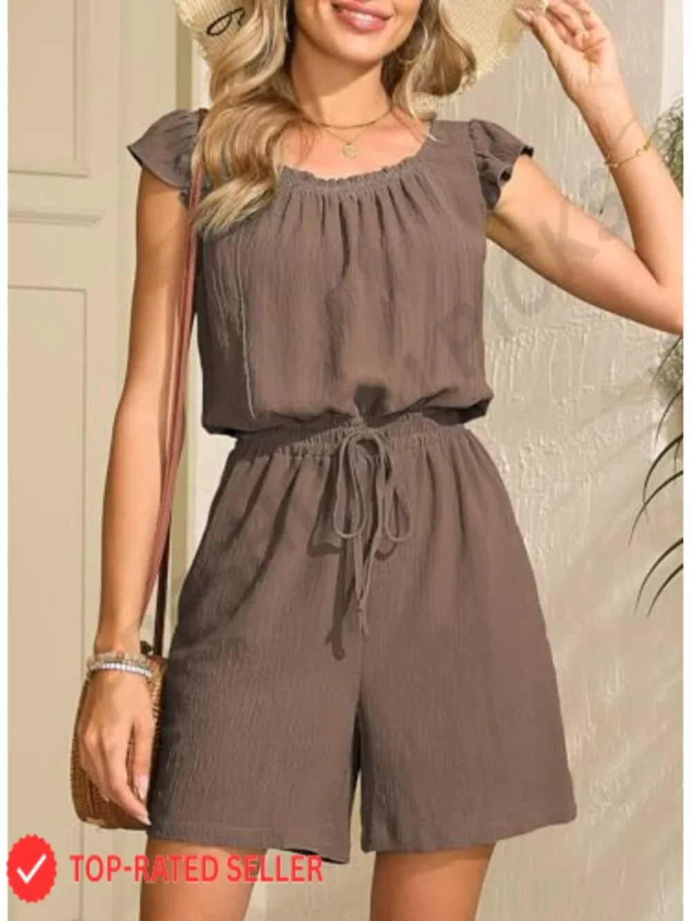 Women's Ruffle Sleeve Square Neck Romper, Drawstring High Waist, Wide Leg